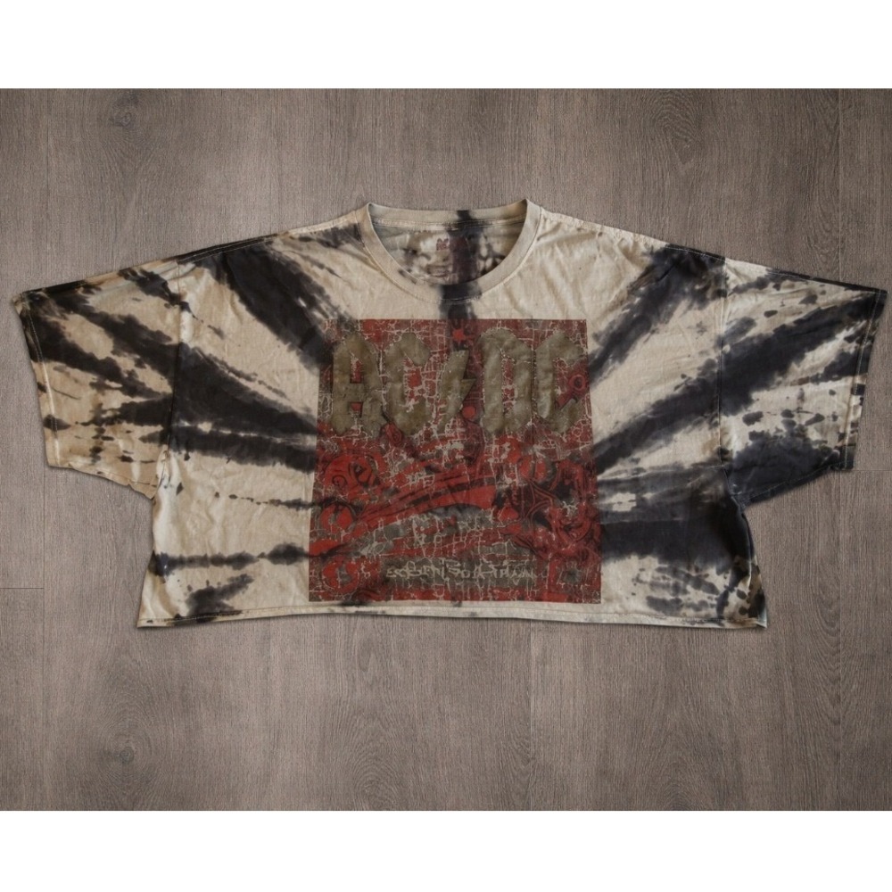 AC/DC Rock N Roll Train Women's Tie Dye Cropped Graphic T-Shirt Black Grey Sz 3X